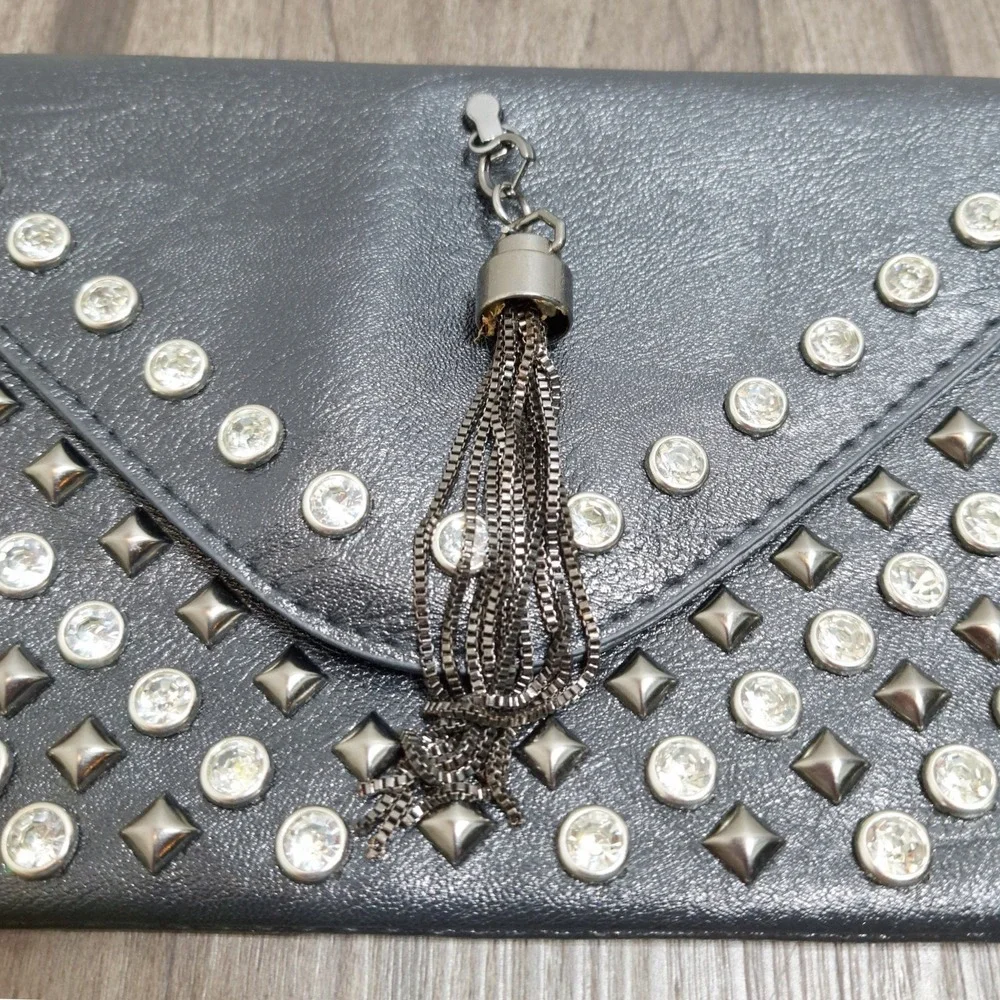 Black Faux Leather Studded Rhinestone Wristlet Clutch with Chain Tassel Edgy